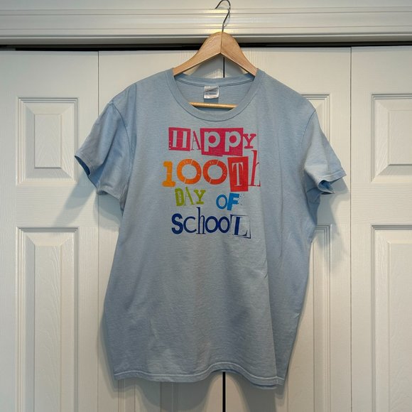 Teacher shirt- Blue Happy 100th day of School t-shirt - Picture 2 of 3